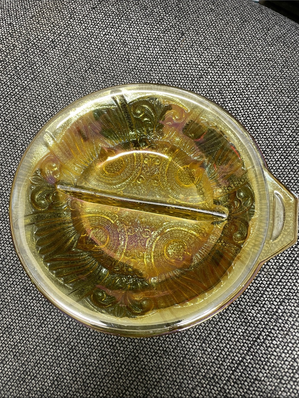 Vintage Indiana Glass Iridescent Amber Killarney Divided Relish Dish w Handle